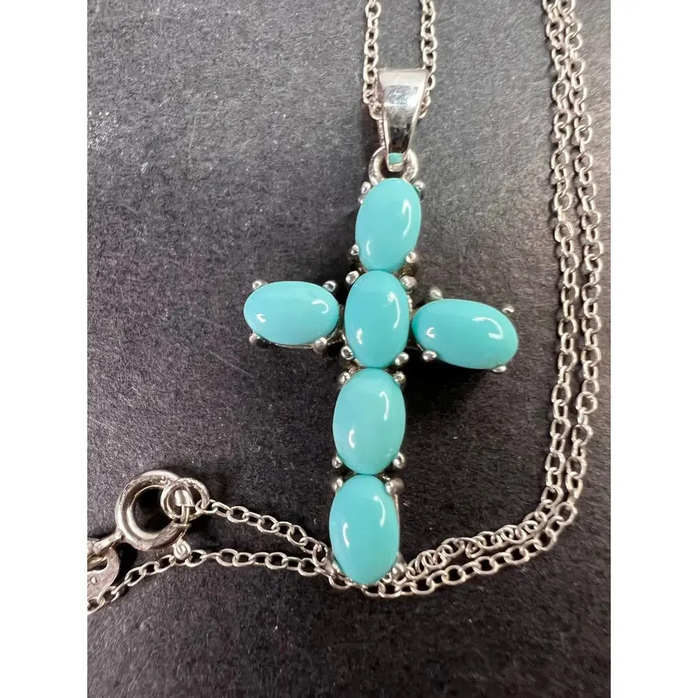 Turquoise cross pendant and chain  sterling silver necklace